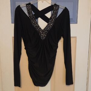 VENUS Black Top with Badazzled Design and Cross-Back